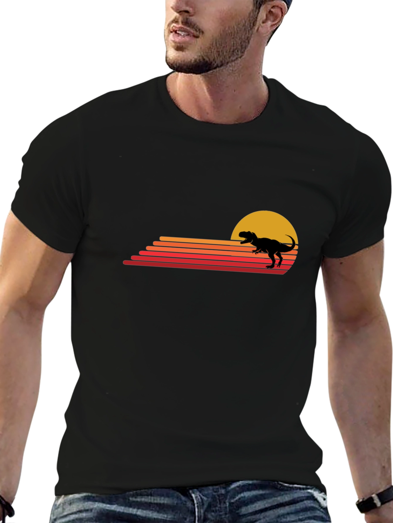 Retro Dinosaur Sunset Black T-Shirt