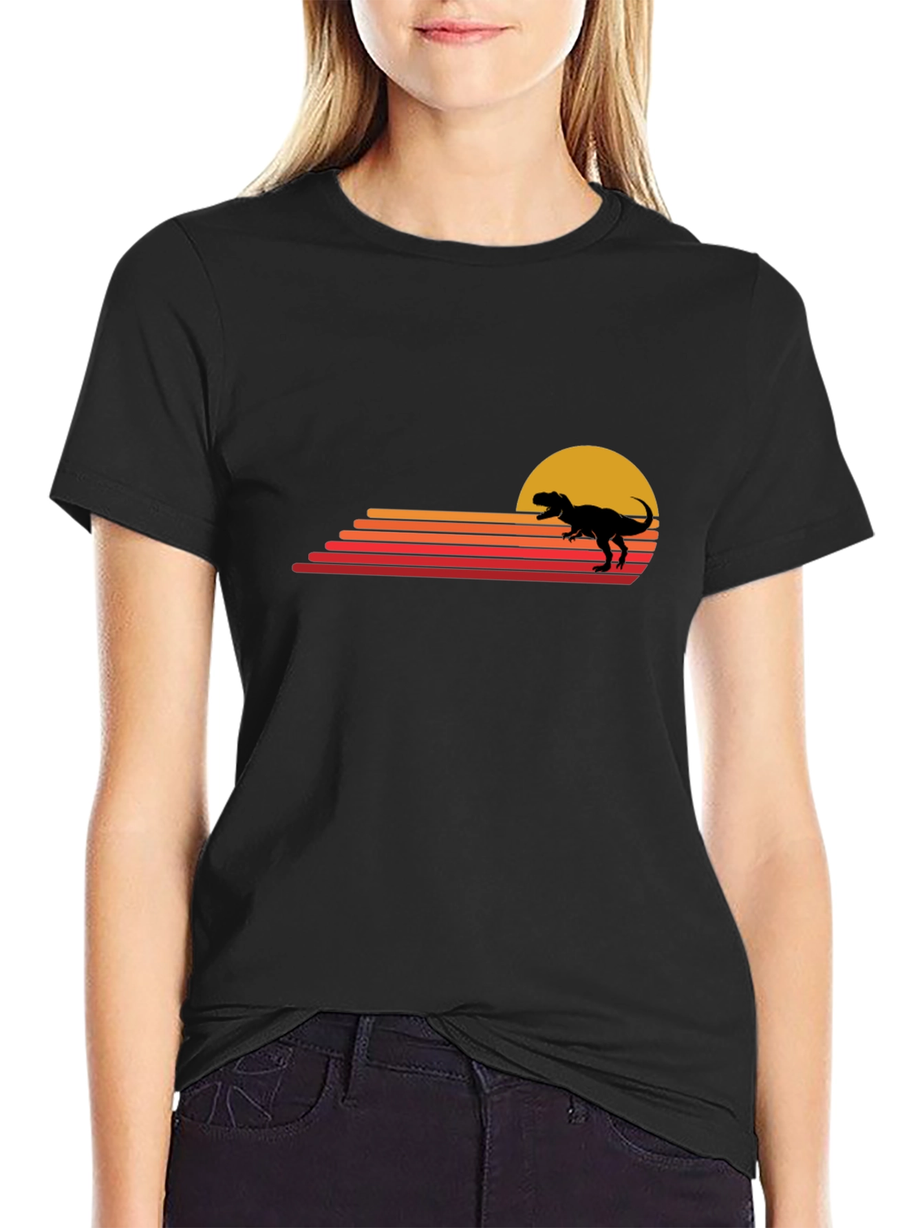 Retro Dinosaur Sunset Black T-Shirt