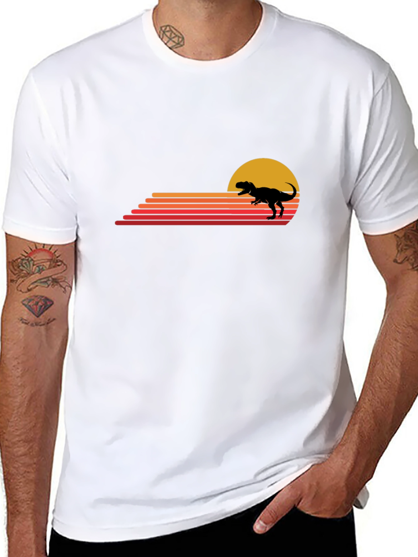 Retro Dinosaur Sunset Black T-Shirt