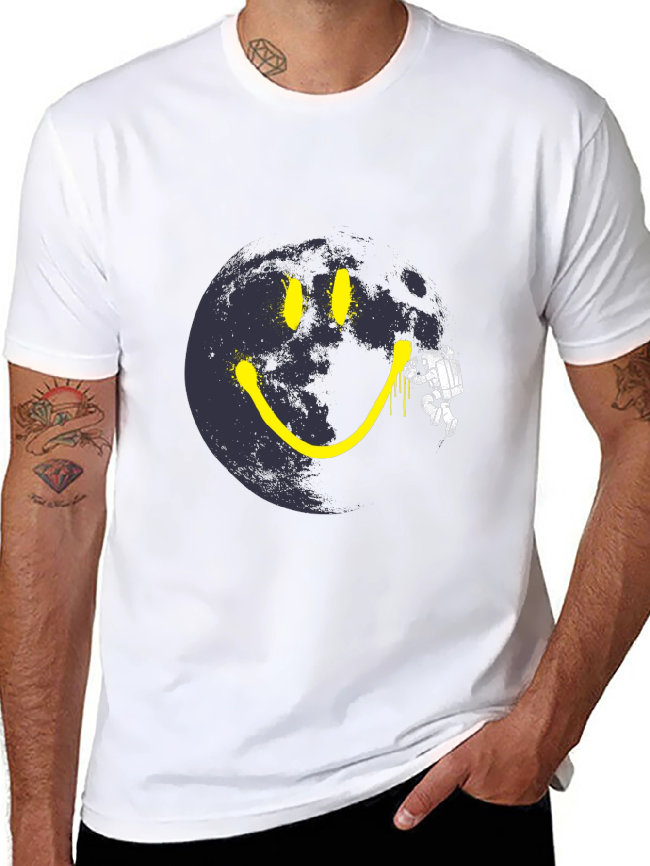 Astronaut Moon Smile T-Shirt - Black Cotton Graphic Tee