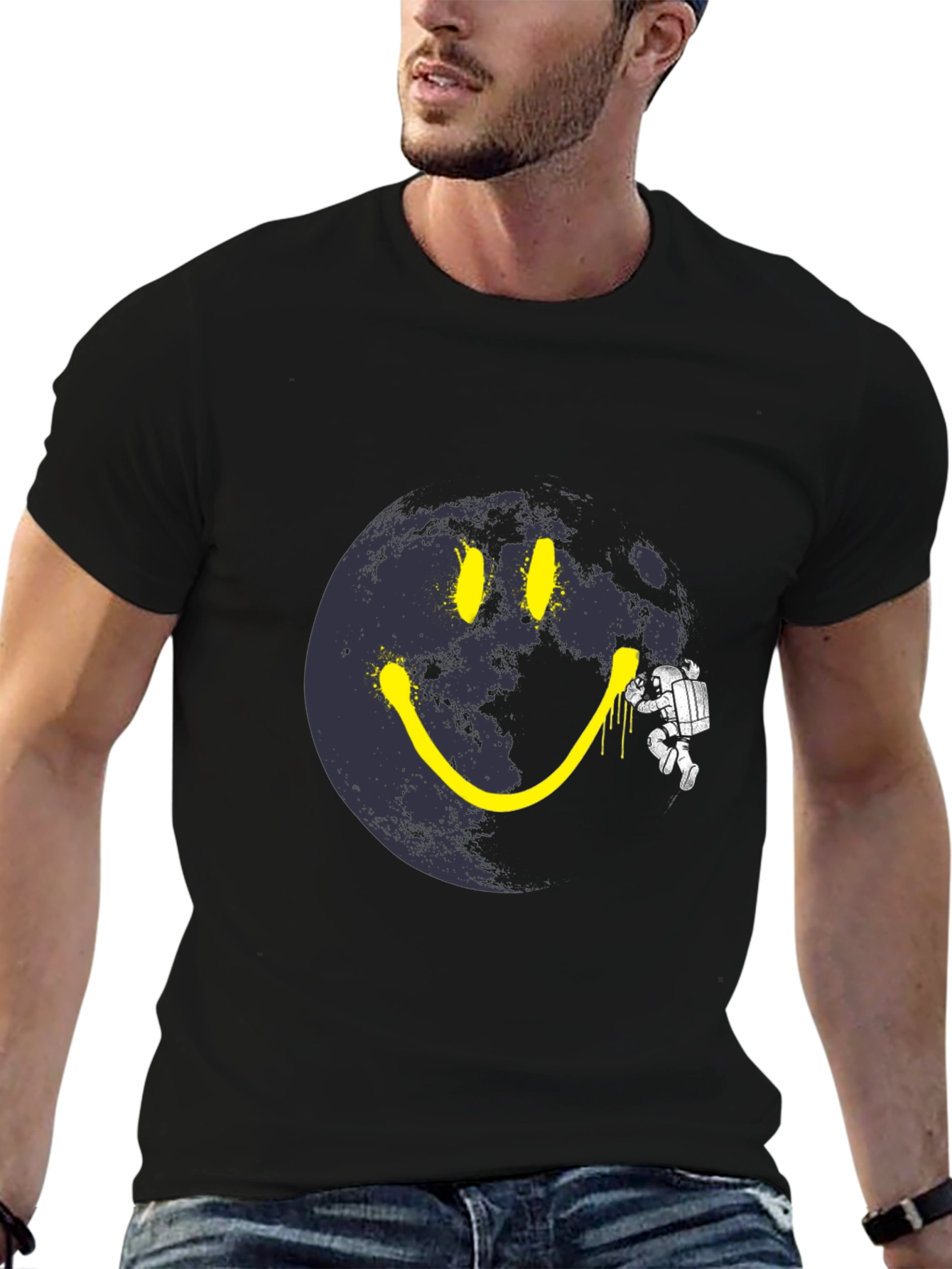 Astronaut Moon Smile T-Shirt - Black Cotton Graphic Tee