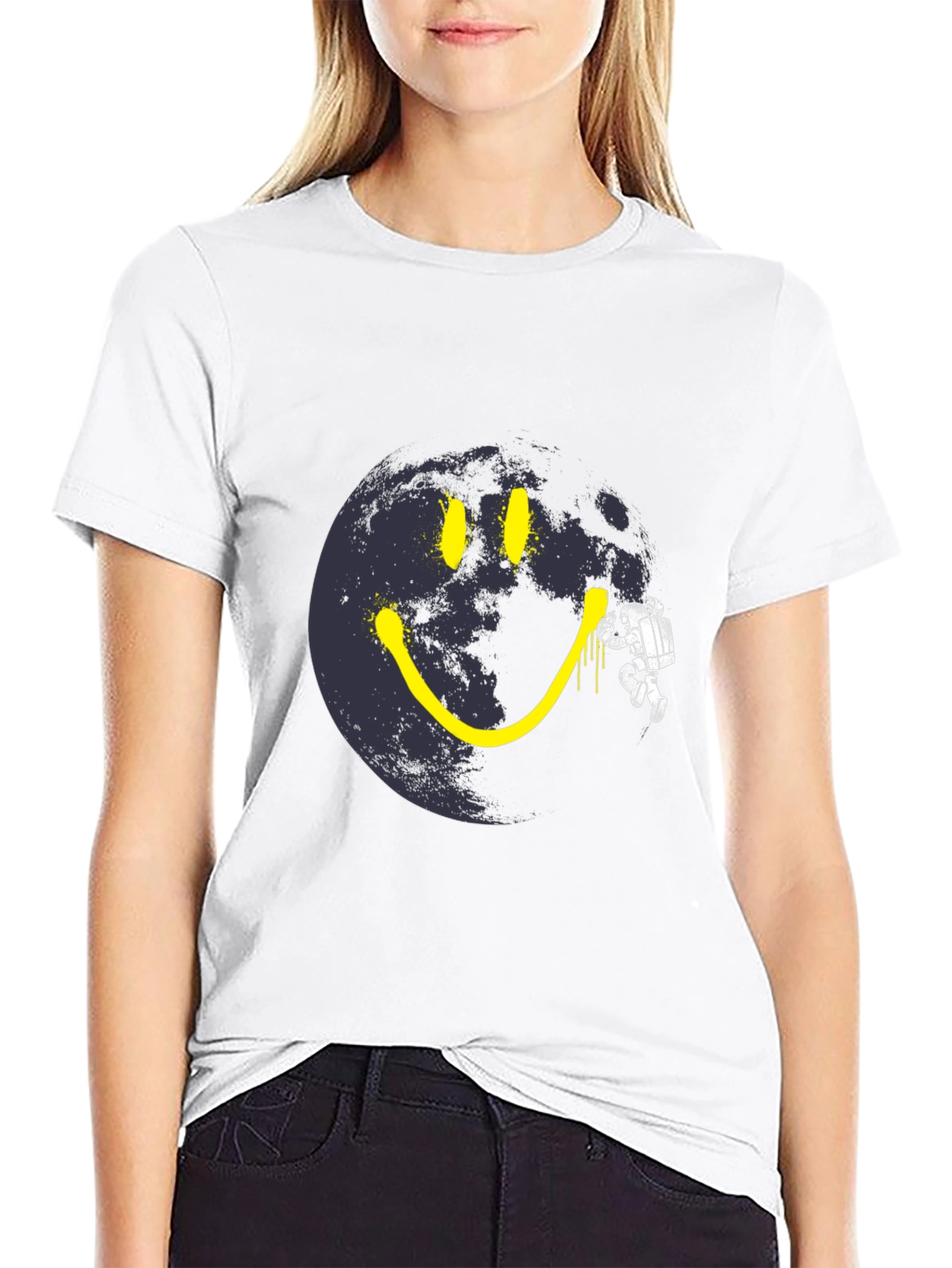 Astronaut Moon Smile T-Shirt - Black Cotton Graphic Tee