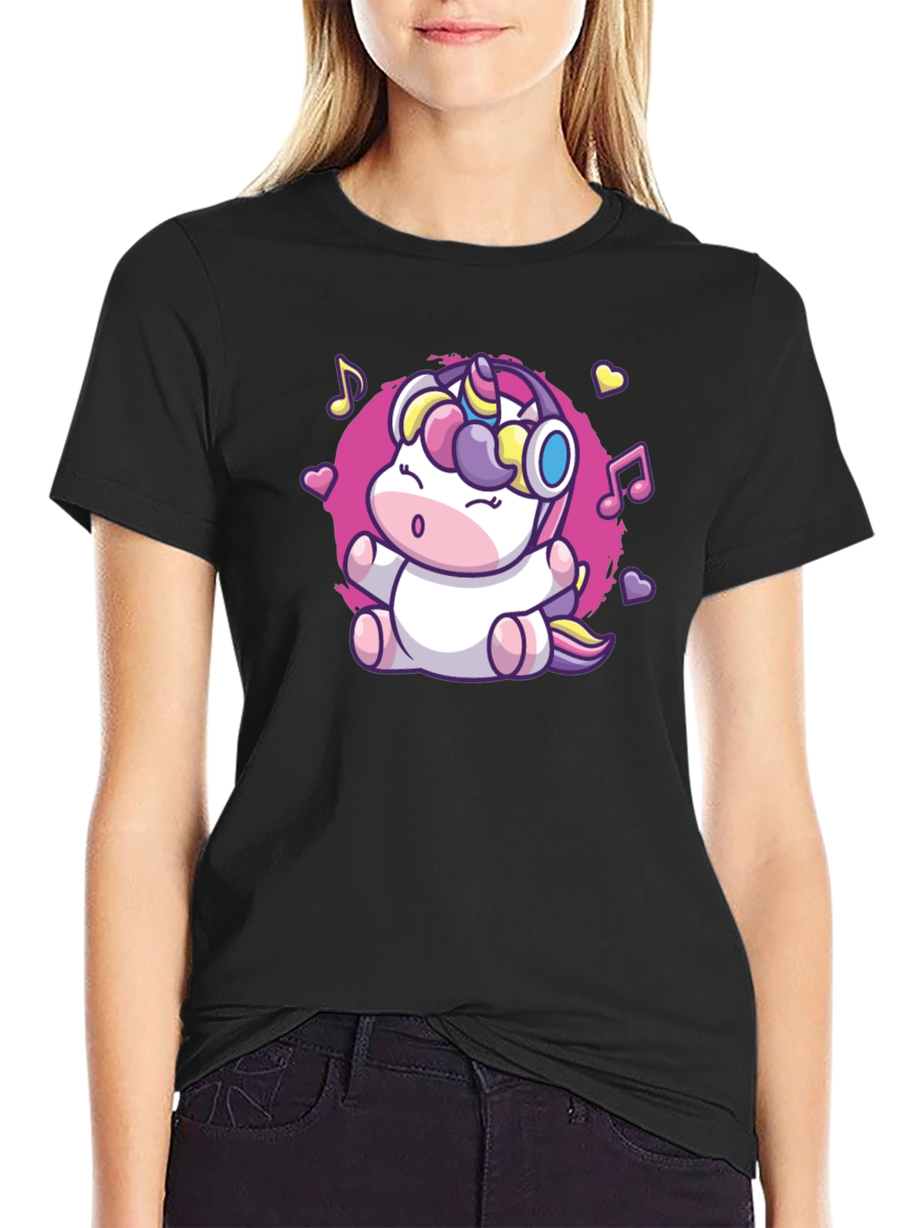 Cute Unicorn Music Lover Black T-Shirt