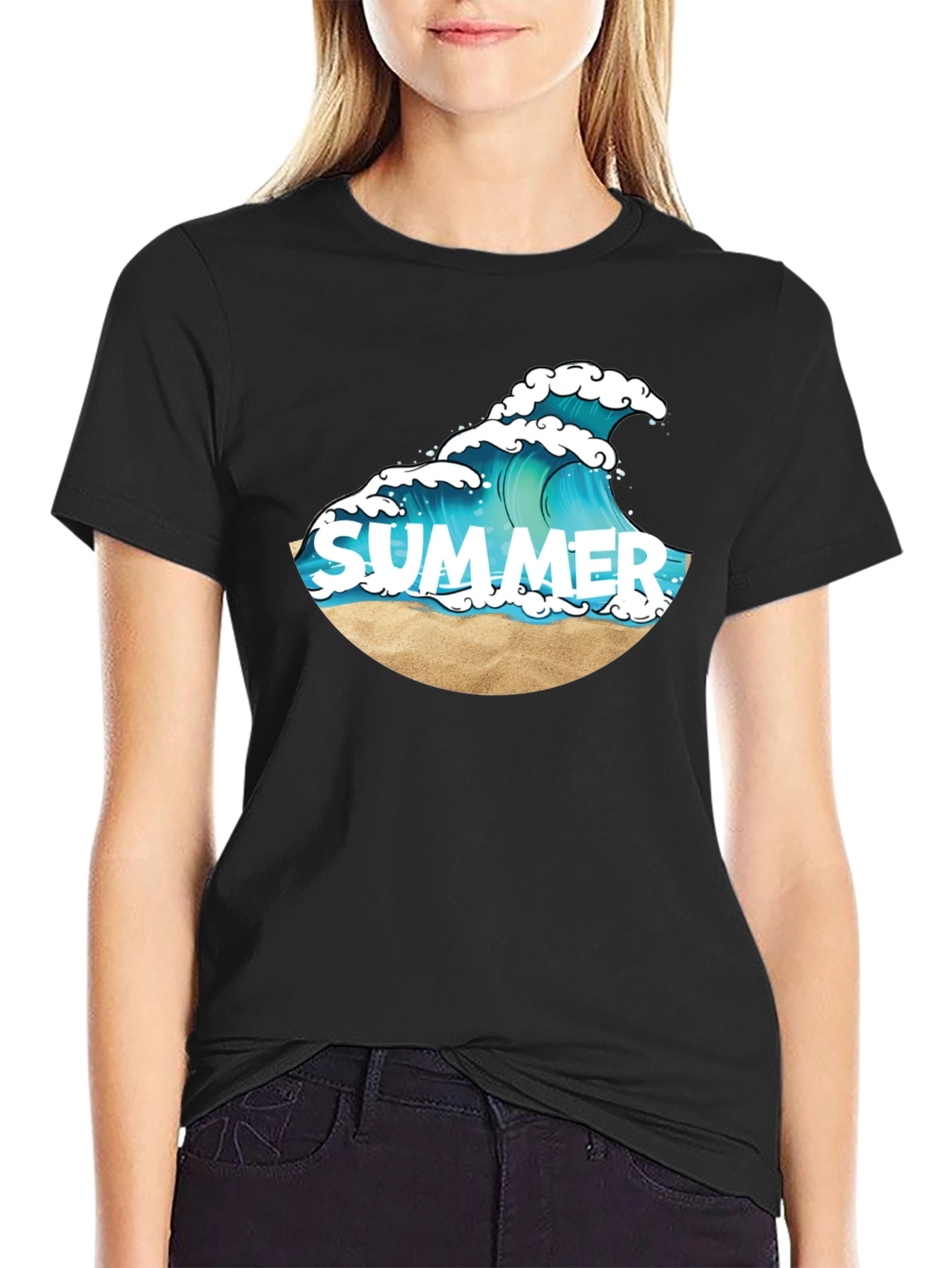 Summer Wave Graphic Tee - Black Cotton T-Shirt