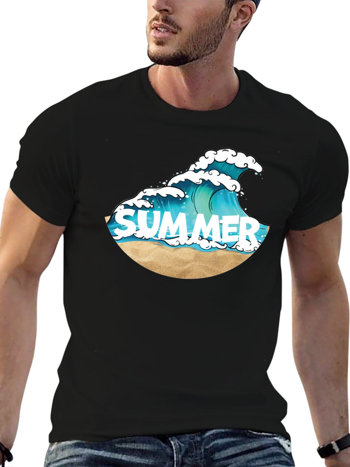 Summer Wave Graphic Tee - Black Cotton T-Shirt