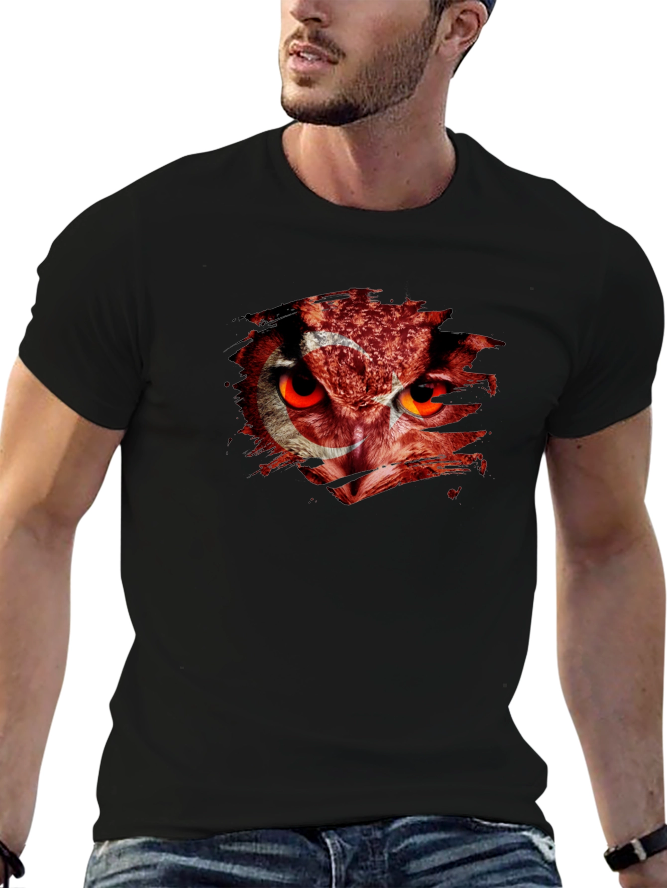 Mens Black T-Shirt with Turkey Flag Owl Graphic