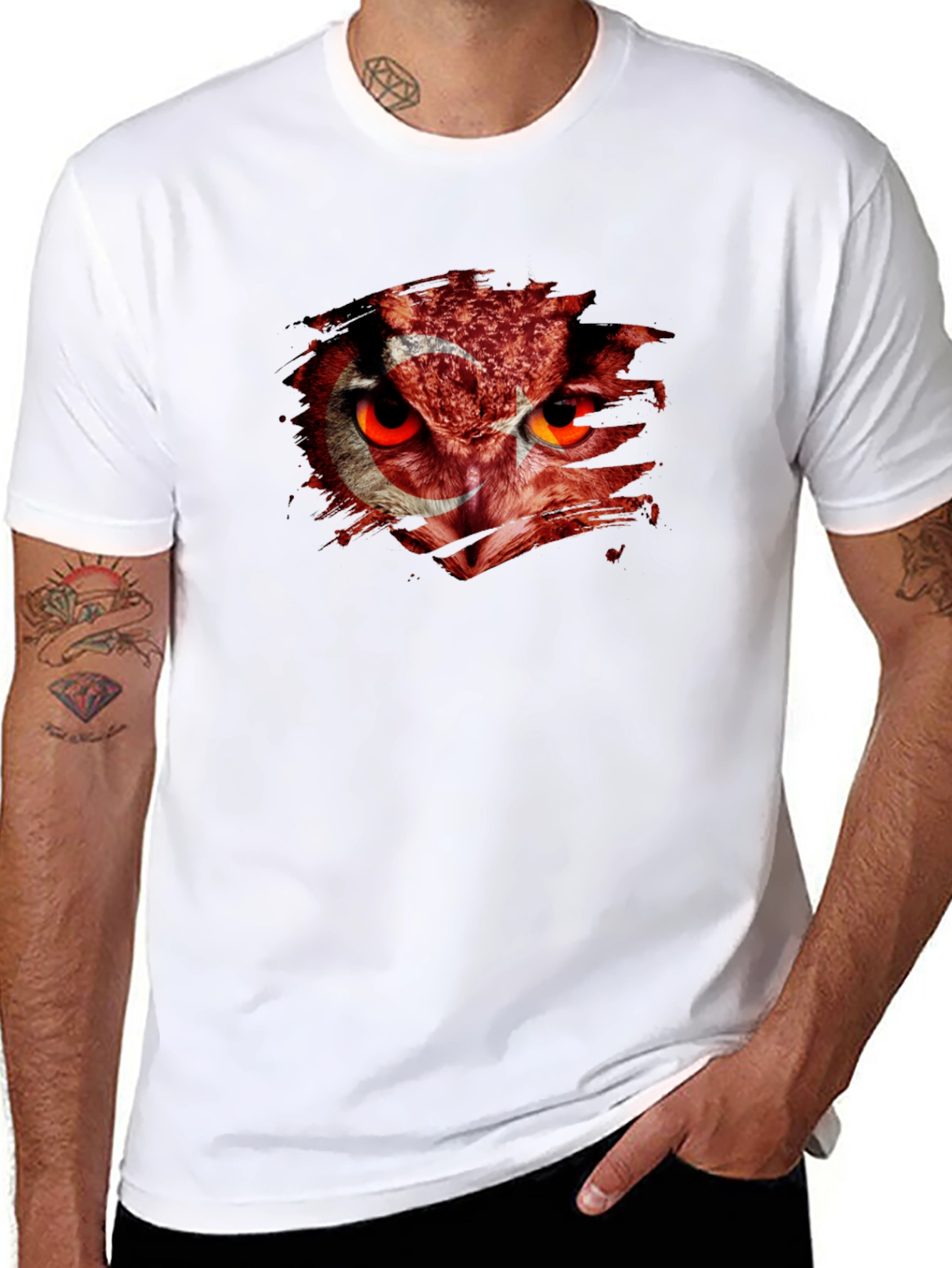 Mens Black T-Shirt with Turkey Flag Owl Graphic
