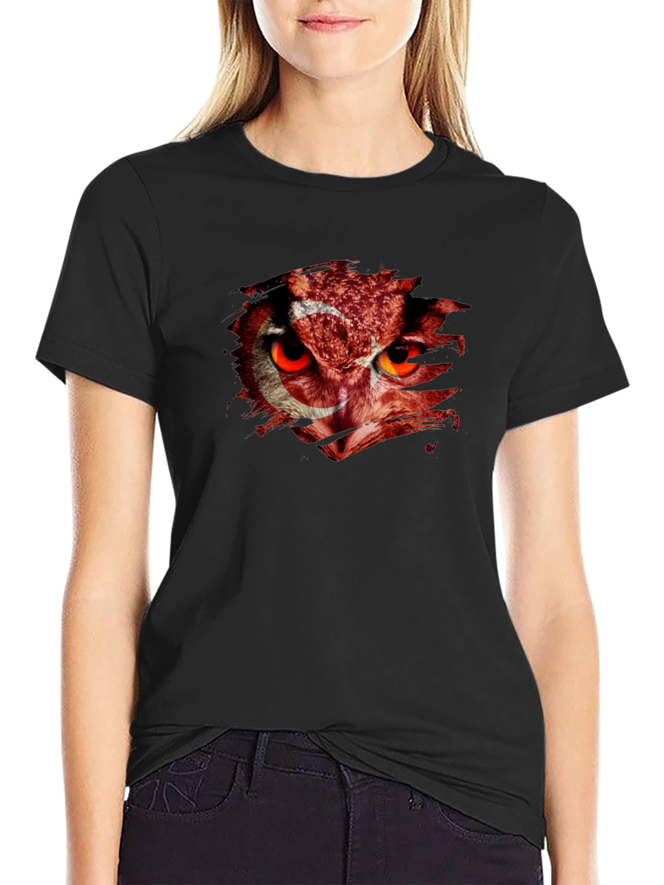 Mens Black T-Shirt with Turkey Flag Owl Graphic