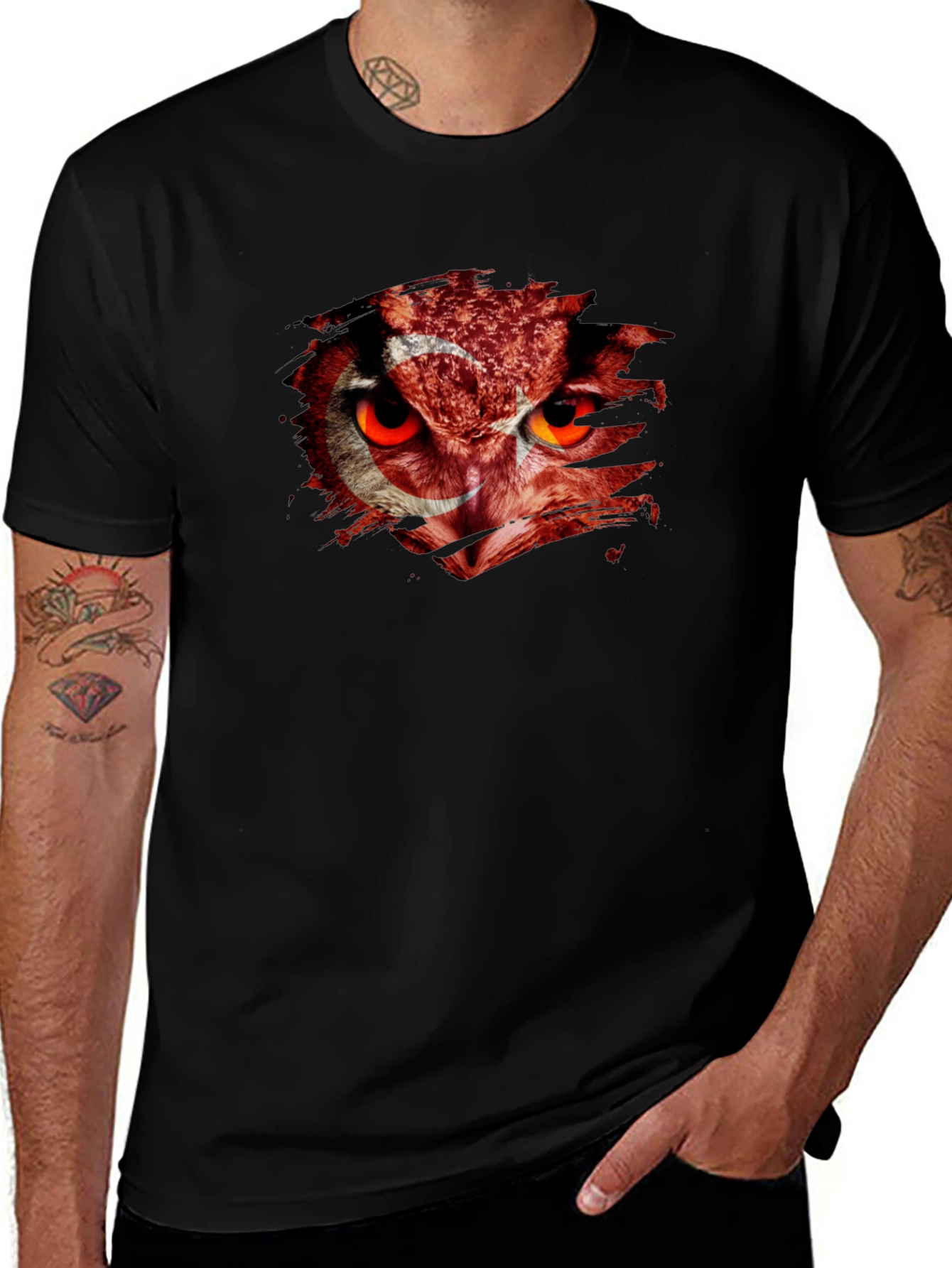 Mens Black T-Shirt with Turkey Flag Owl Graphic