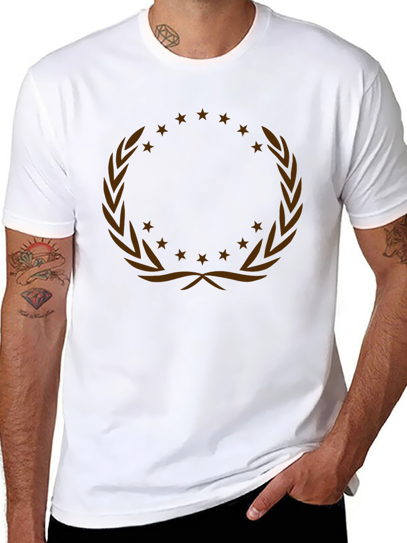 Graphic Tee with Laurel Wreath and Stars Design