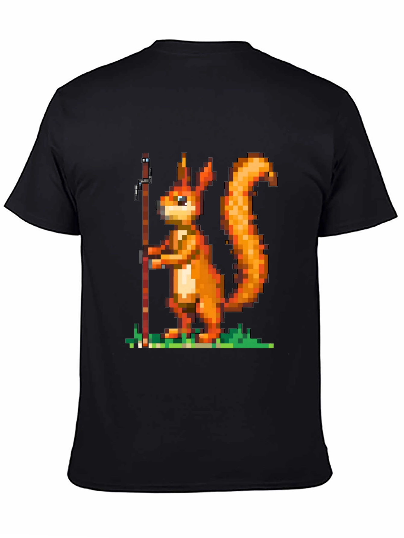 Pixel Squirrel Fishing T-Shirt - Black Cotton Tee