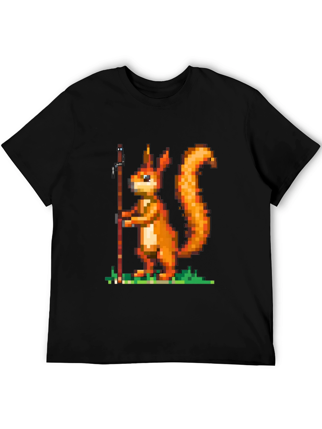 Pixel Squirrel Fishing T-Shirt - Black Cotton Tee