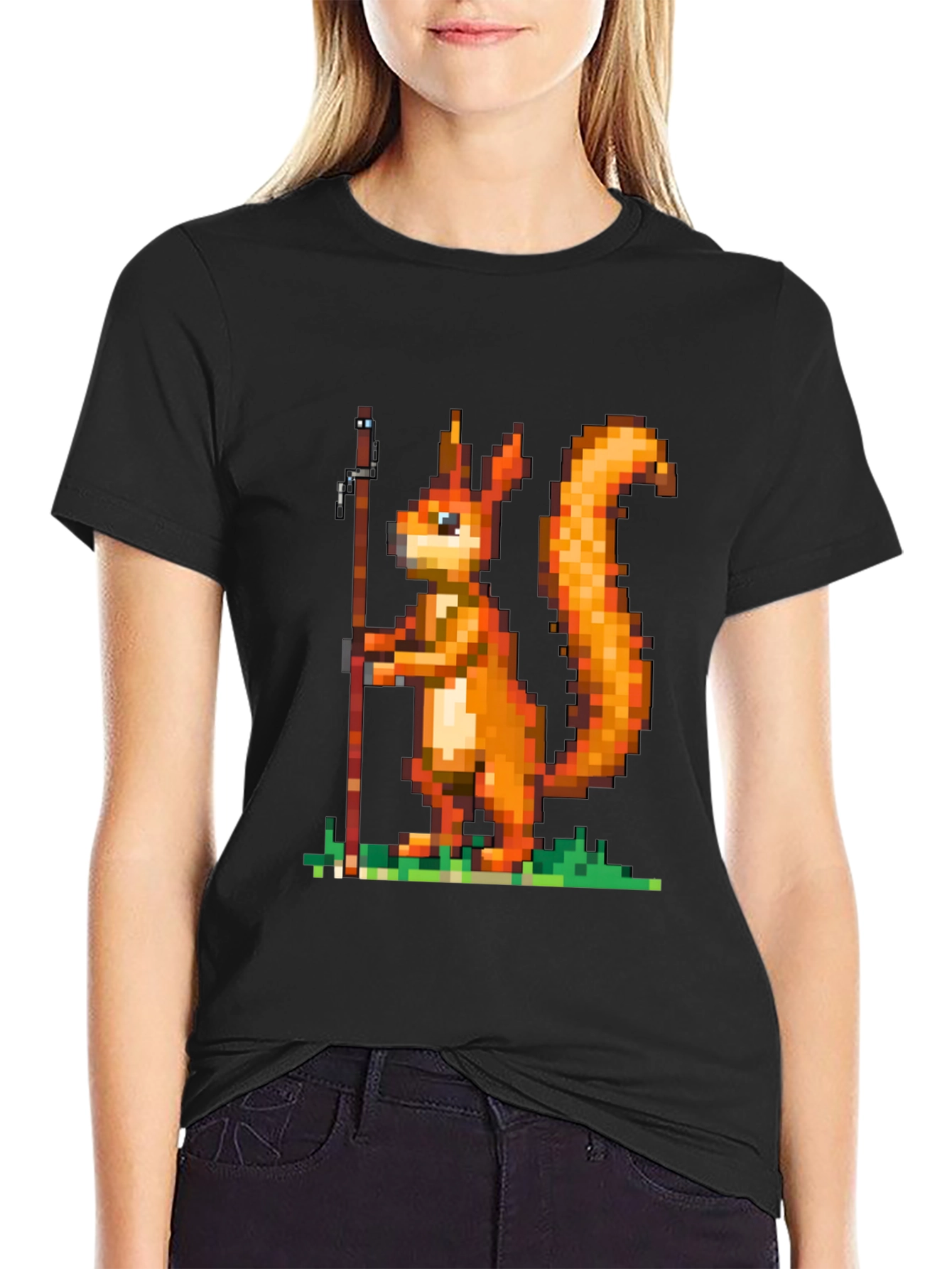 Pixel Squirrel Fishing T-Shirt - Black Cotton Tee