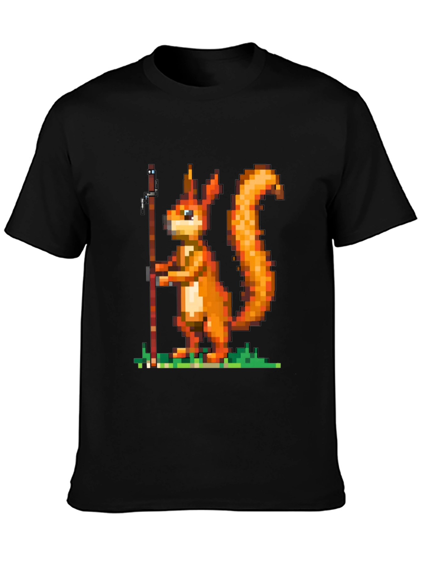 Pixel Squirrel Fishing T-Shirt - Black Cotton Tee