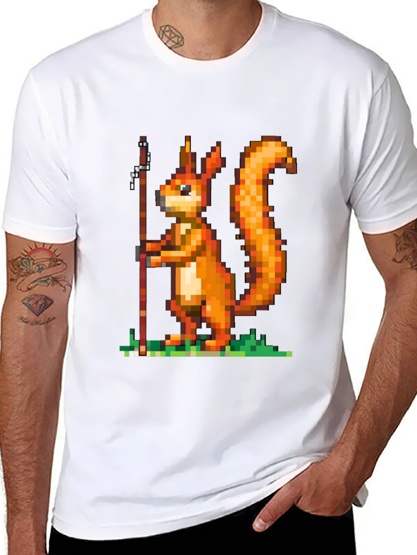 Pixel Squirrel Fishing T-Shirt - Black Cotton Tee
