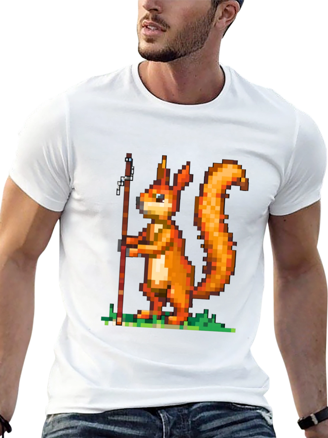 Pixel Squirrel Fishing T-Shirt - Black Cotton Tee