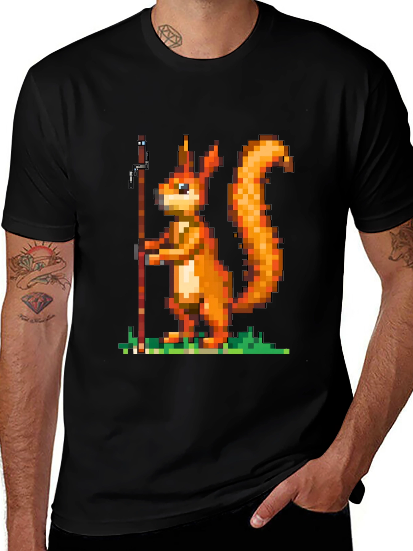 Pixel Squirrel Fishing T-Shirt - Black Cotton Tee