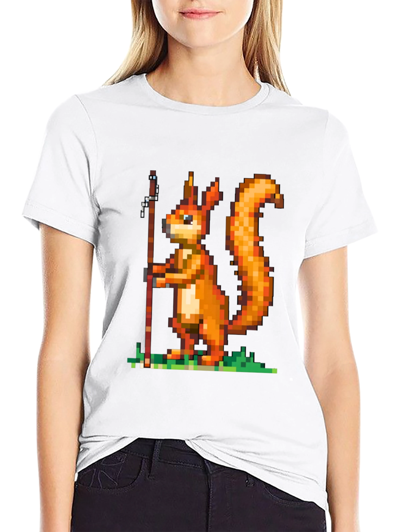 Pixel Squirrel Fishing T-Shirt - Black Cotton Tee