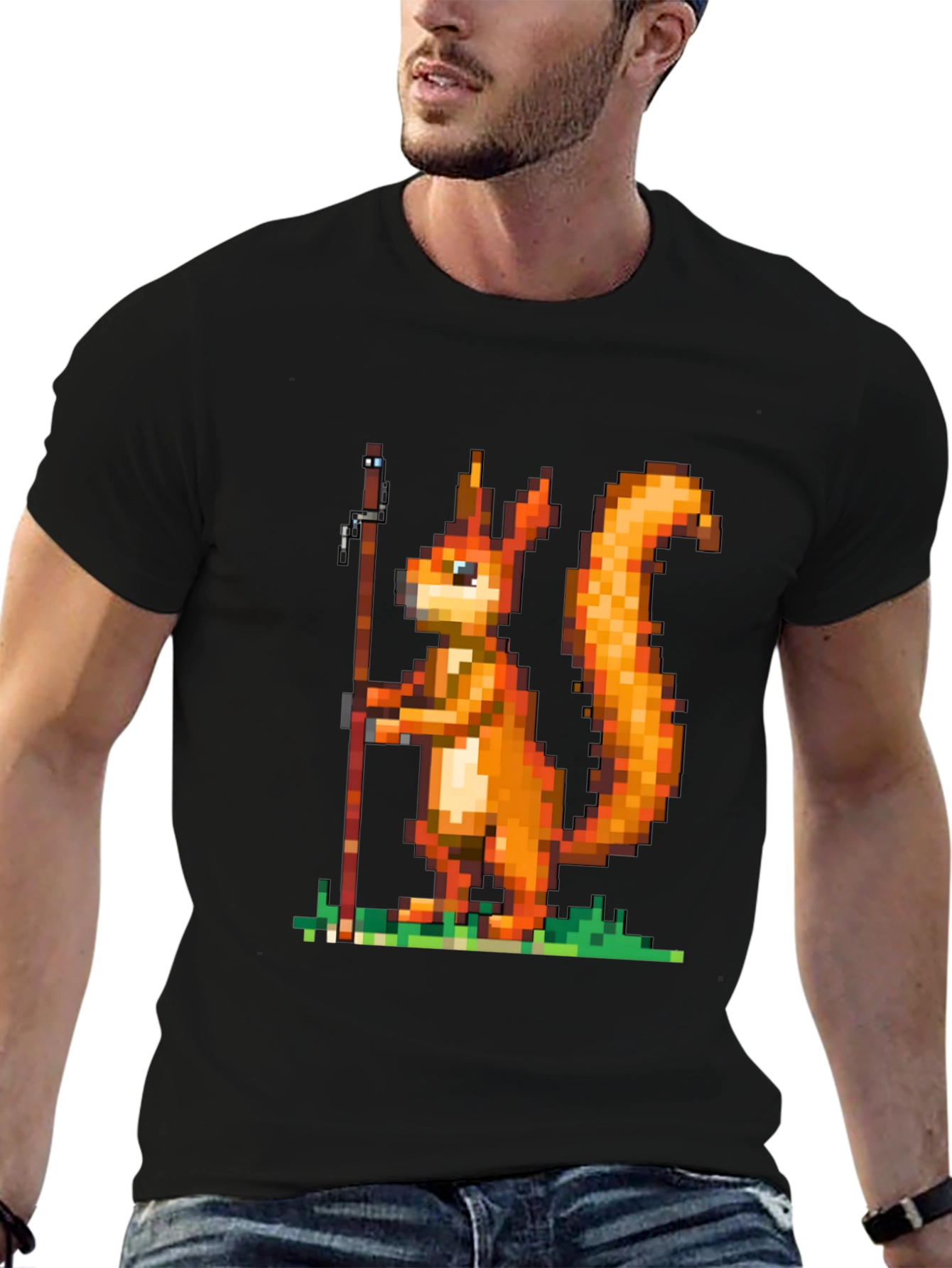 Pixel Squirrel Fishing T-Shirt - Black Cotton Tee
