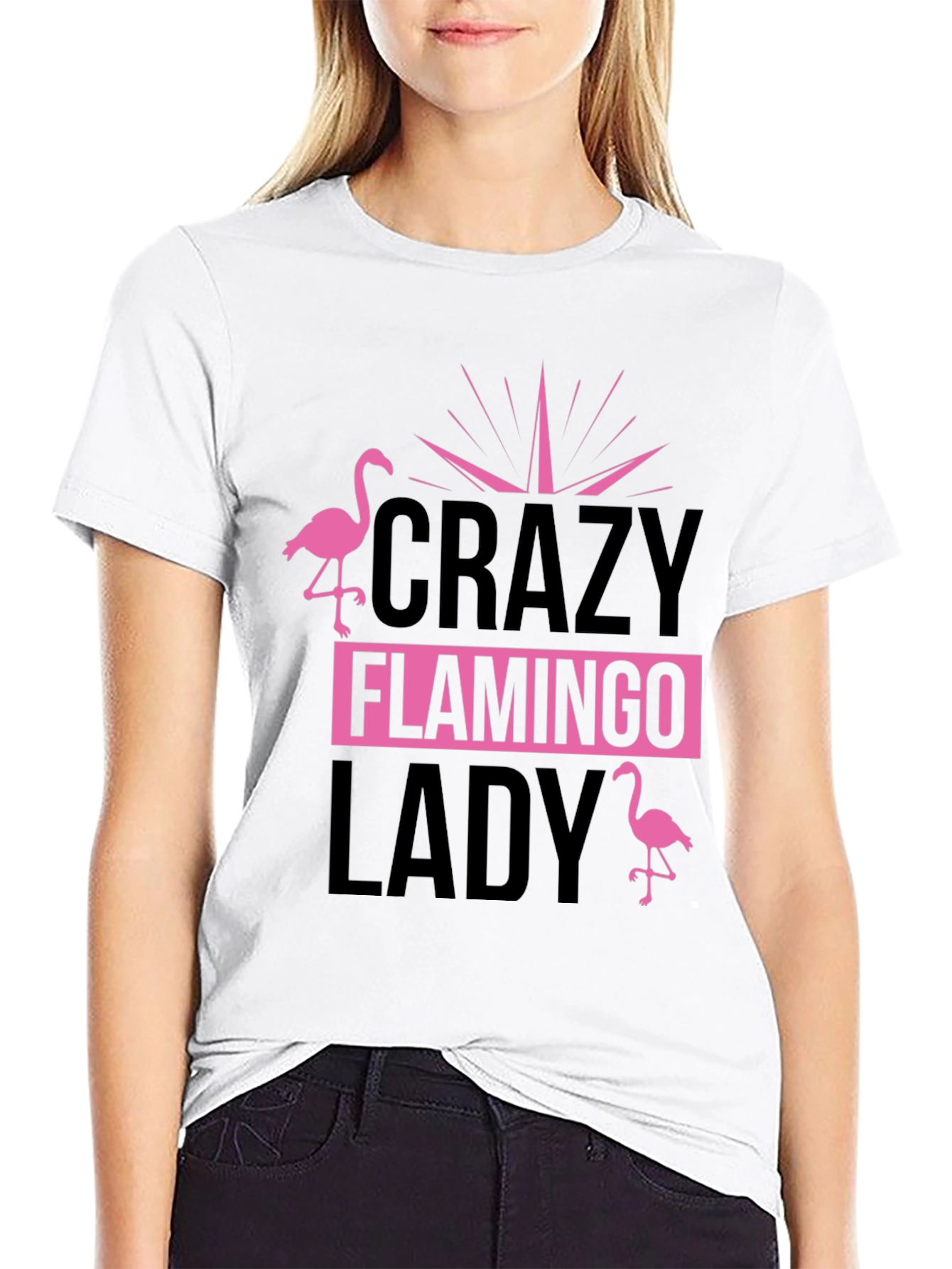 Crazy Flamingo Lady T-Shirt - Black Cotton Tee