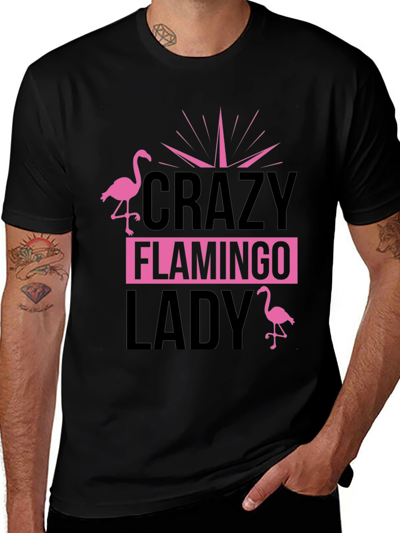 Crazy Flamingo Lady T-Shirt - Black Cotton Tee