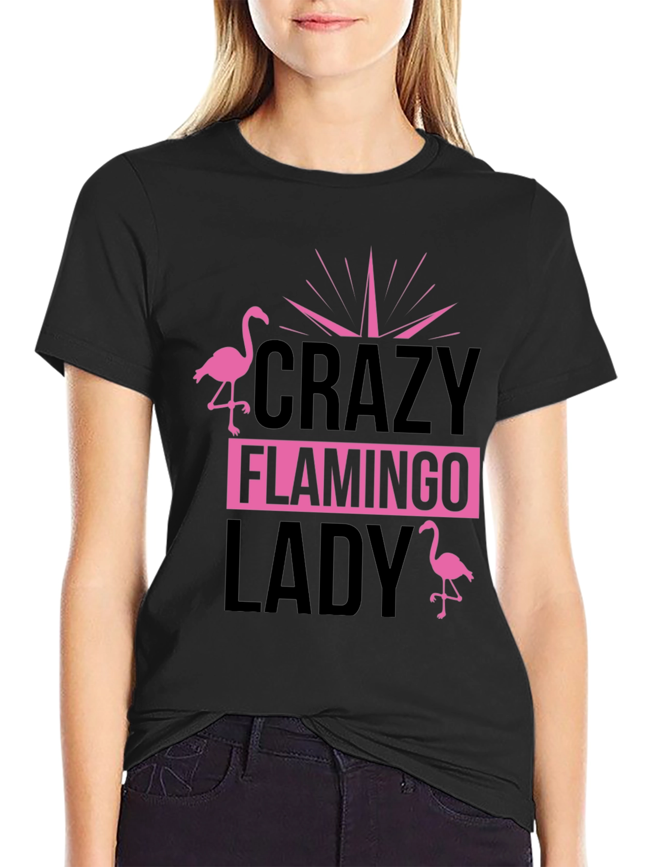 Crazy Flamingo Lady T-Shirt - Black Cotton Tee
