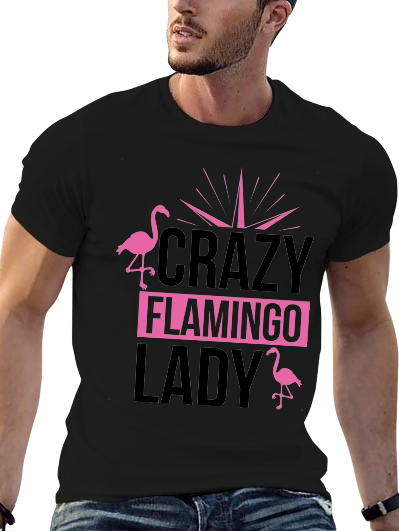Crazy Flamingo Lady T-Shirt - Black Cotton Tee