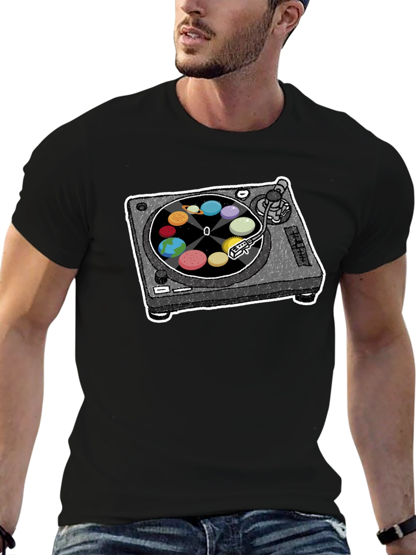 Planets Turntable Graphic Tee - Space Music Lover Shirt