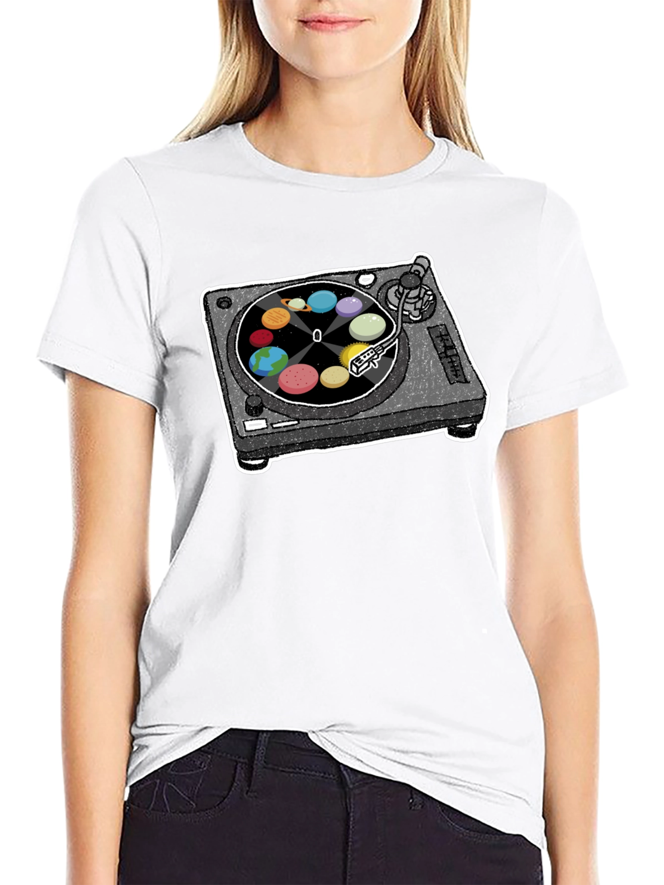 Planets Turntable Graphic Tee - Space Music Lover Shirt