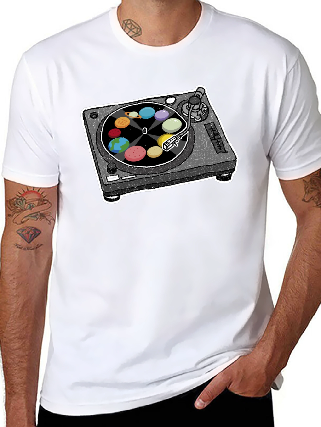 Planets Turntable Graphic Tee - Space Music Lover Shirt