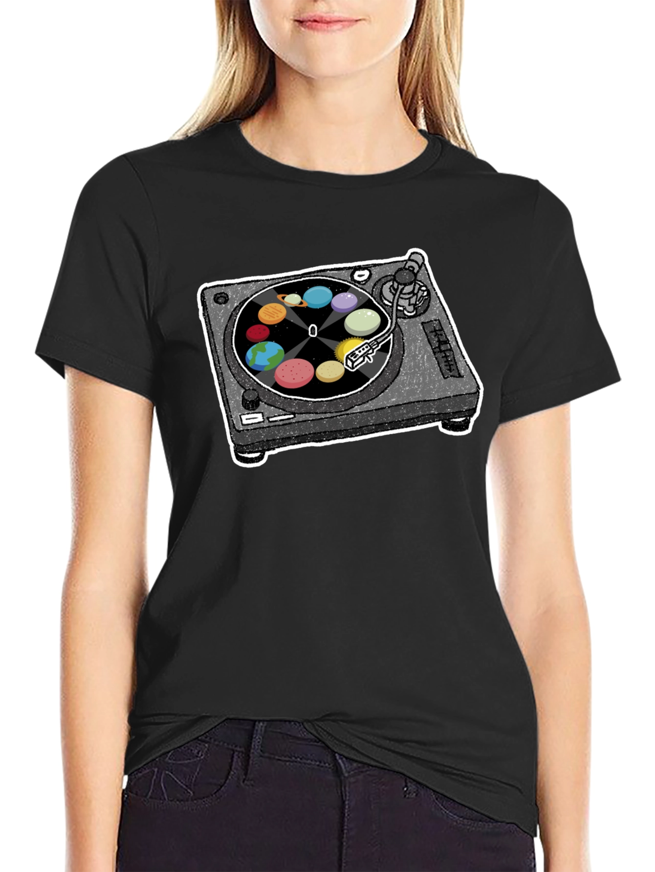 Planets Turntable Graphic Tee - Space Music Lover Shirt