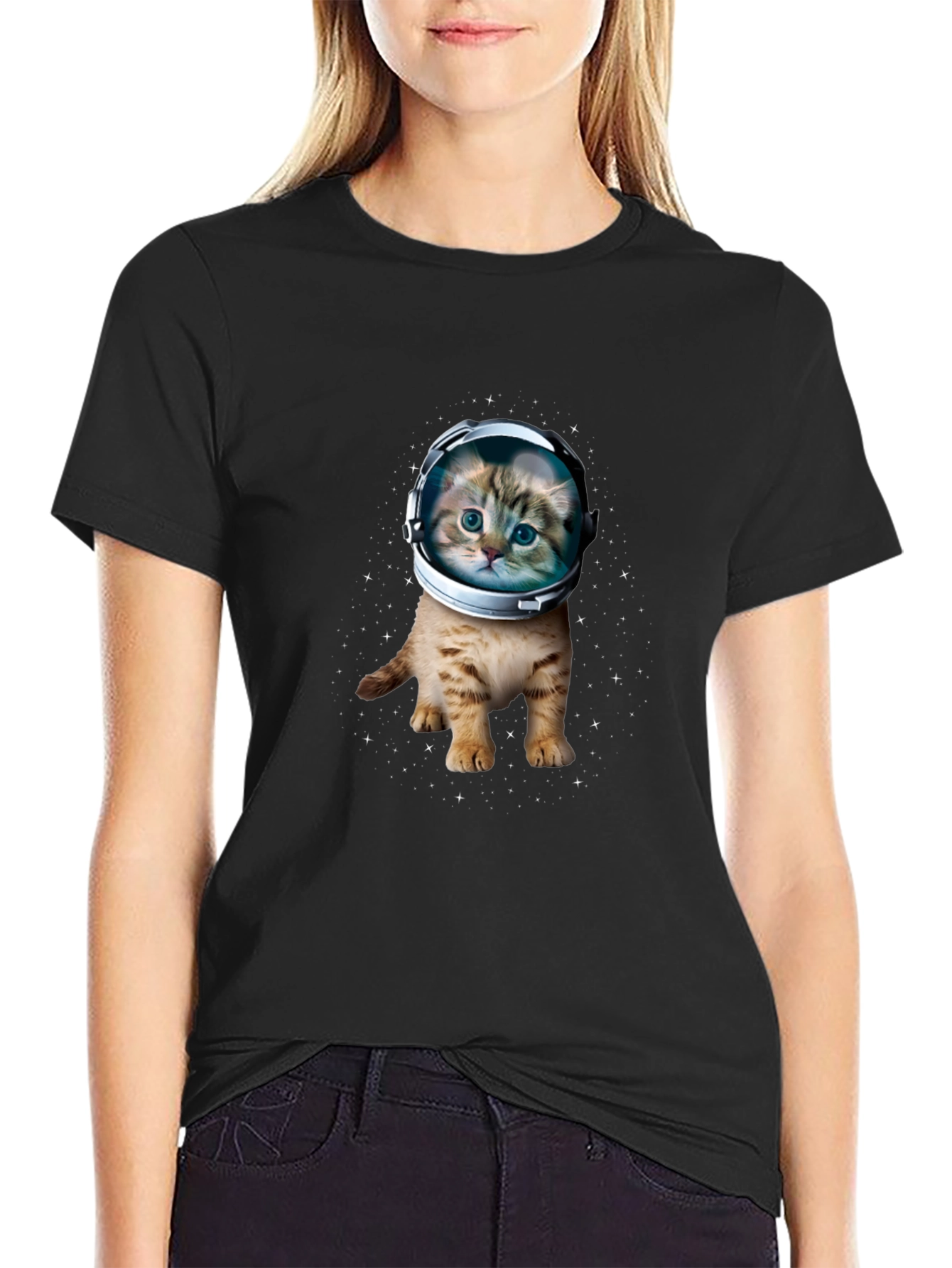 Astronaut Cat Graphic Black T-Shirt