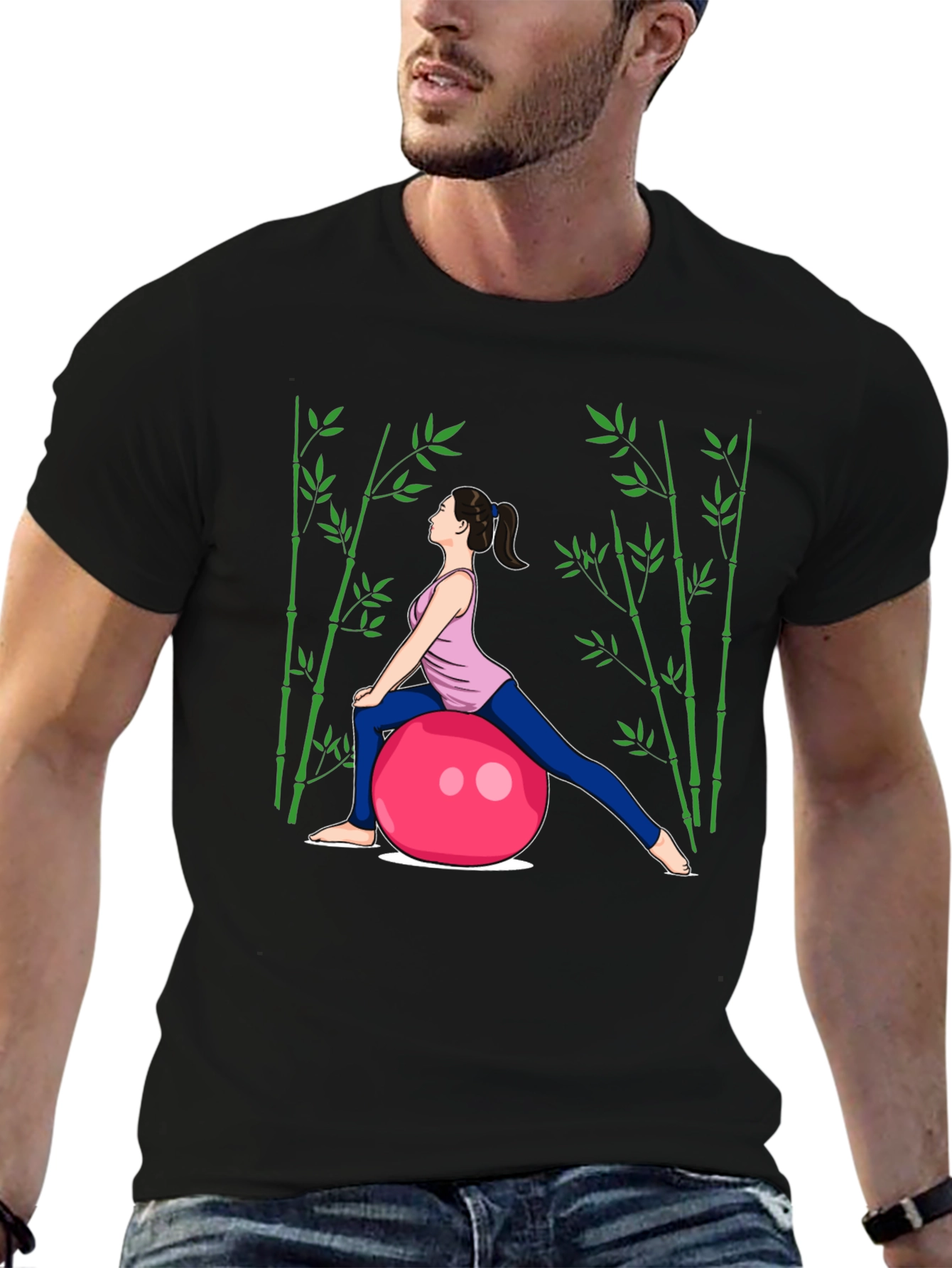 Yoga Woman on Ball Black T-Shirt