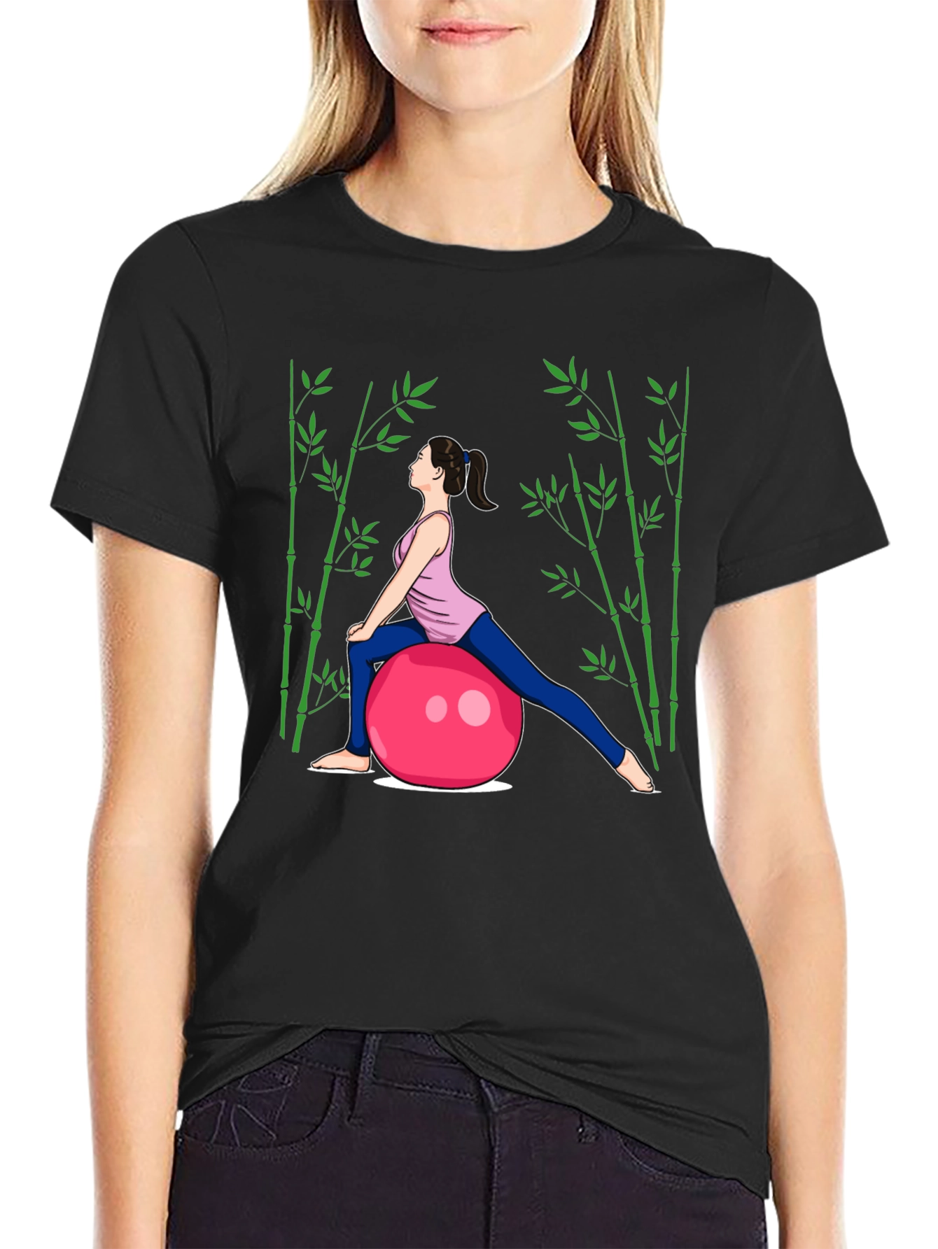 Yoga Woman on Ball Black T-Shirt