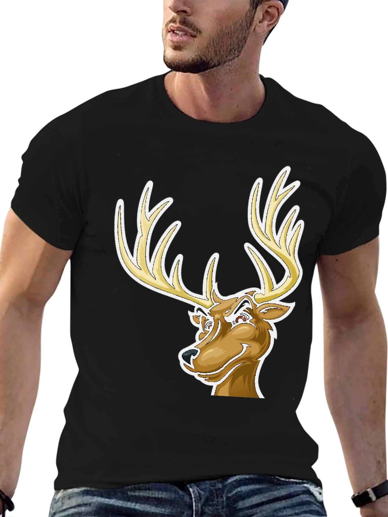 Cool Deer Cartoon Graphic Black T-Shirt