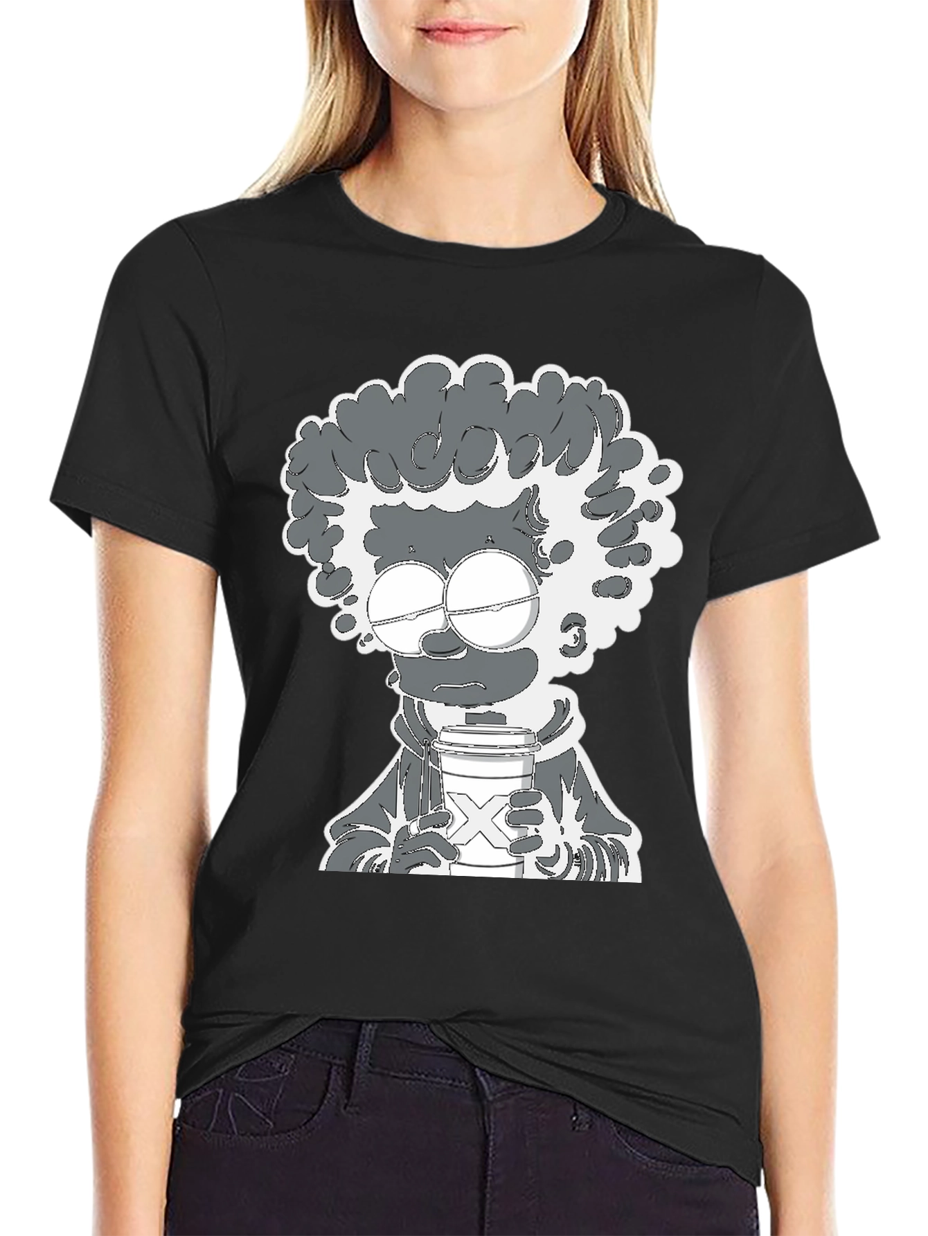 Coffee Lover Cartoon Graphic Tee - Black