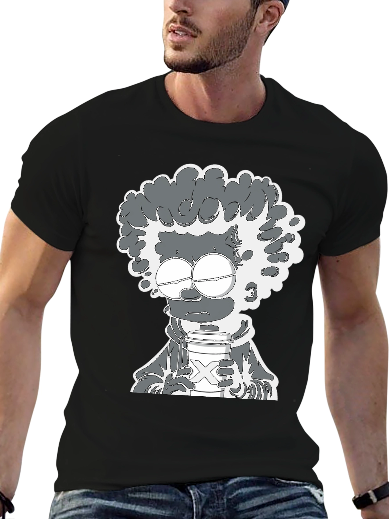 Coffee Lover Cartoon Graphic Tee - Black