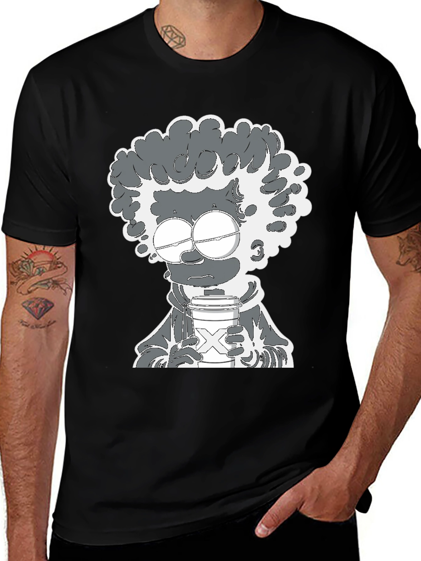 Coffee Lover Cartoon Graphic Tee - Black