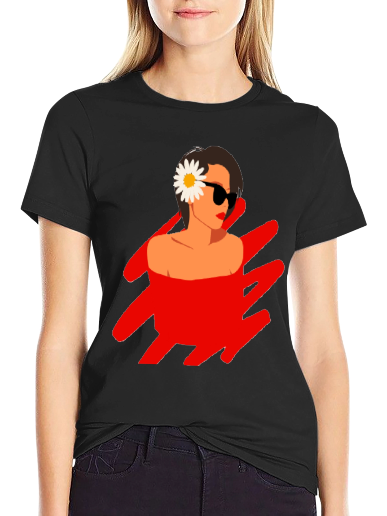 Black T-Shirt with Retro Woman Graphic