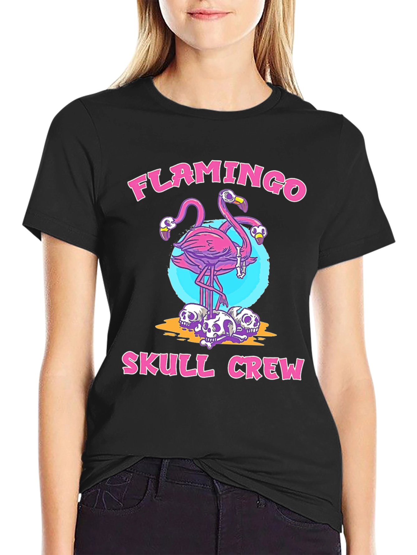 Flamingo Skull Crew Black Graphic T-Shirt