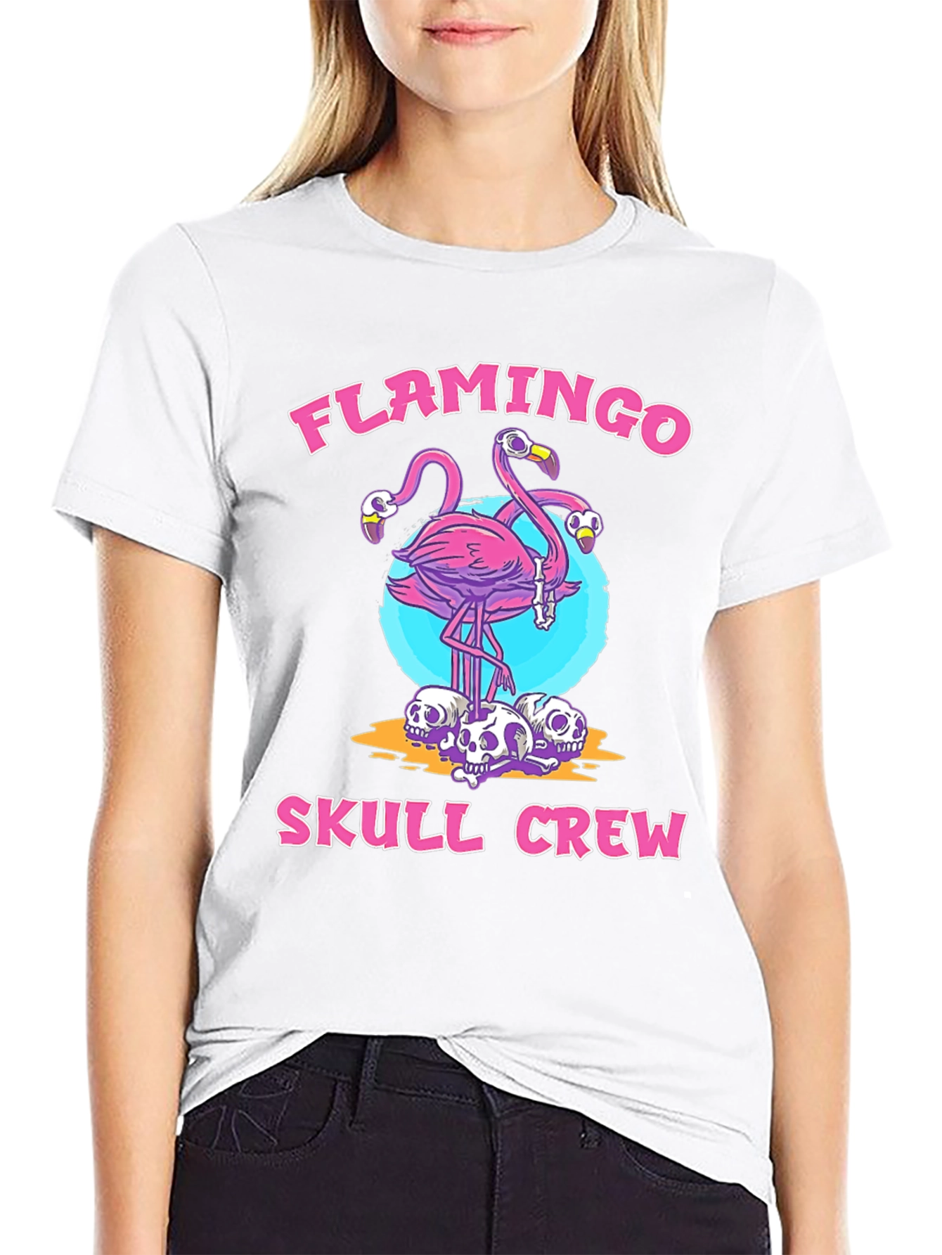 Flamingo Skull Crew Black Graphic T-Shirt