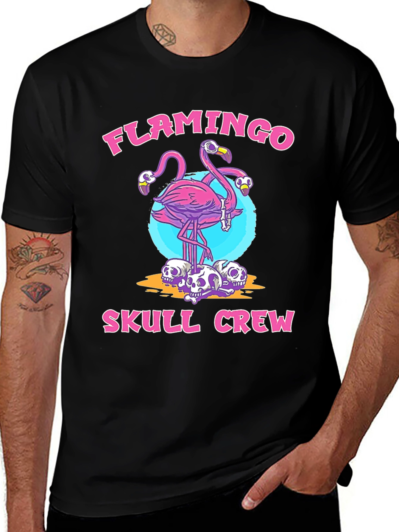Flamingo Skull Crew Black Graphic T-Shirt