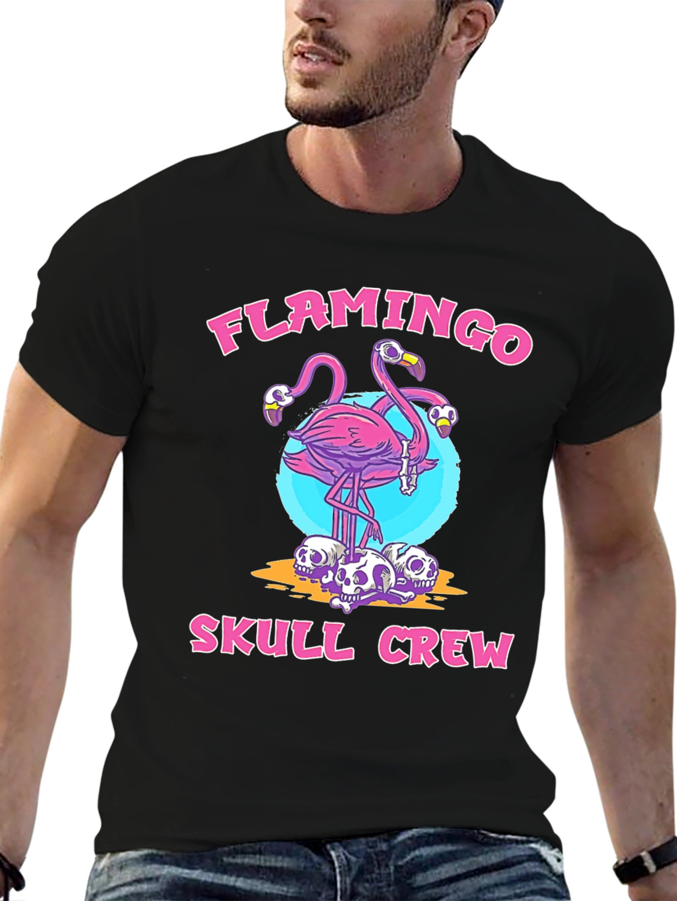 Flamingo Skull Crew Black Graphic T-Shirt