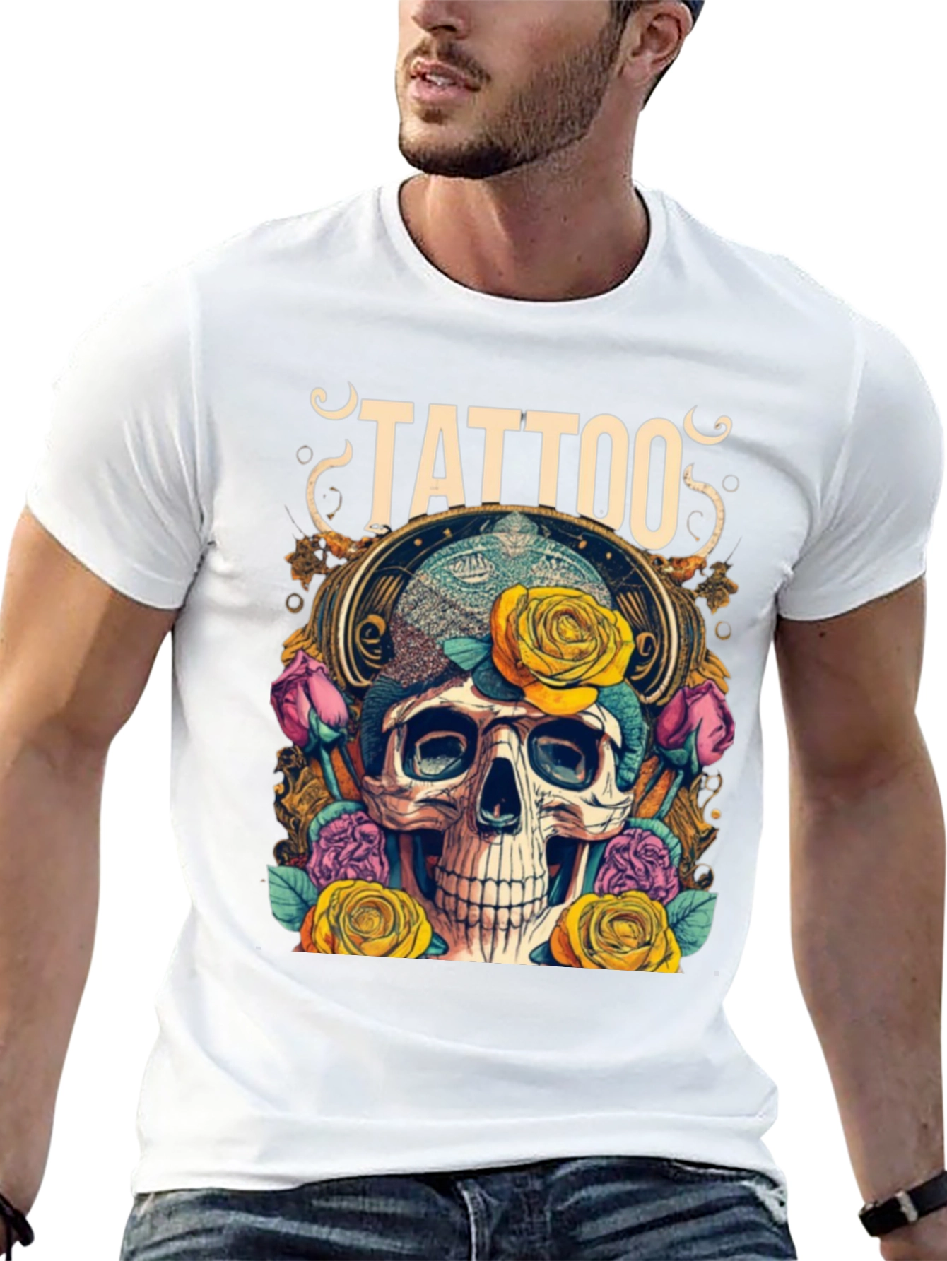 Skull & Roses Tattoo Graphic Tee - Unique Design