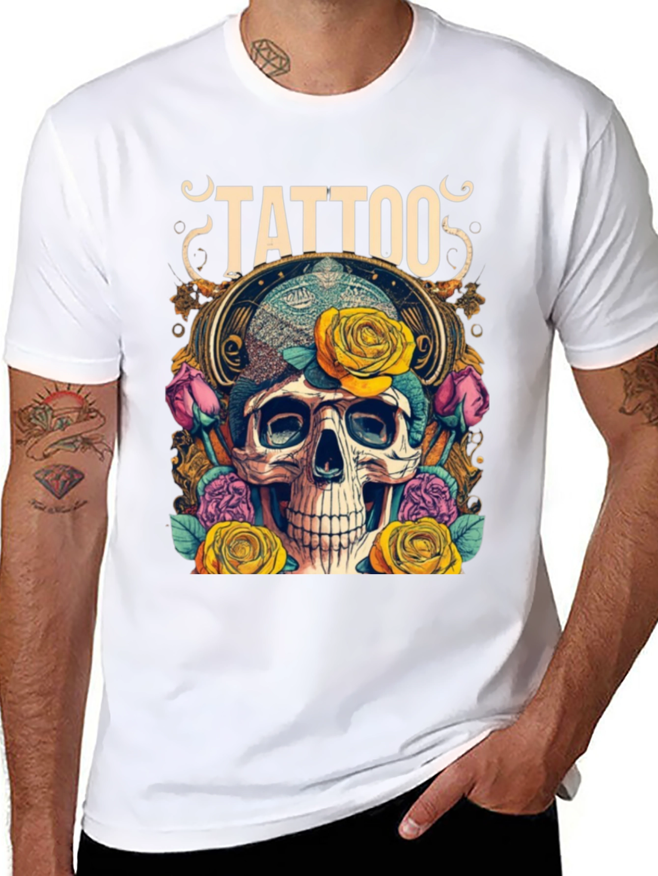 Skull & Roses Tattoo Graphic Tee - Unique Design