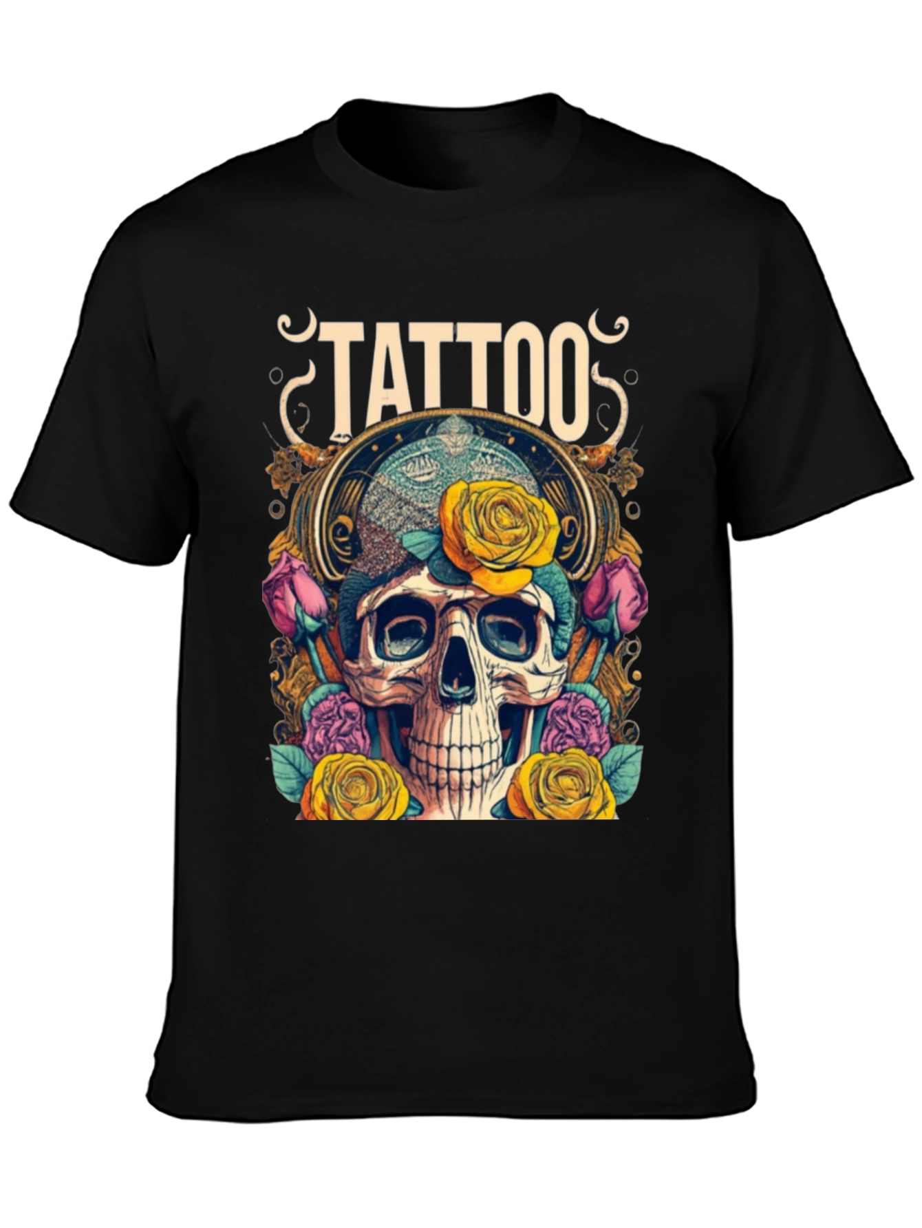 Skull & Roses Tattoo Graphic Tee - Unique Design