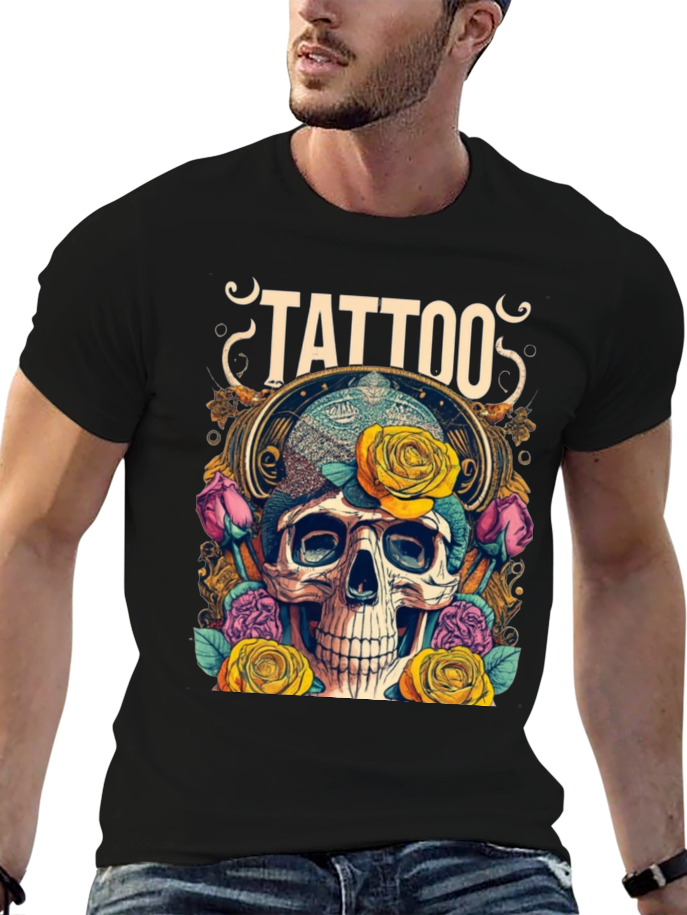 Skull & Roses Tattoo Graphic Tee - Unique Design