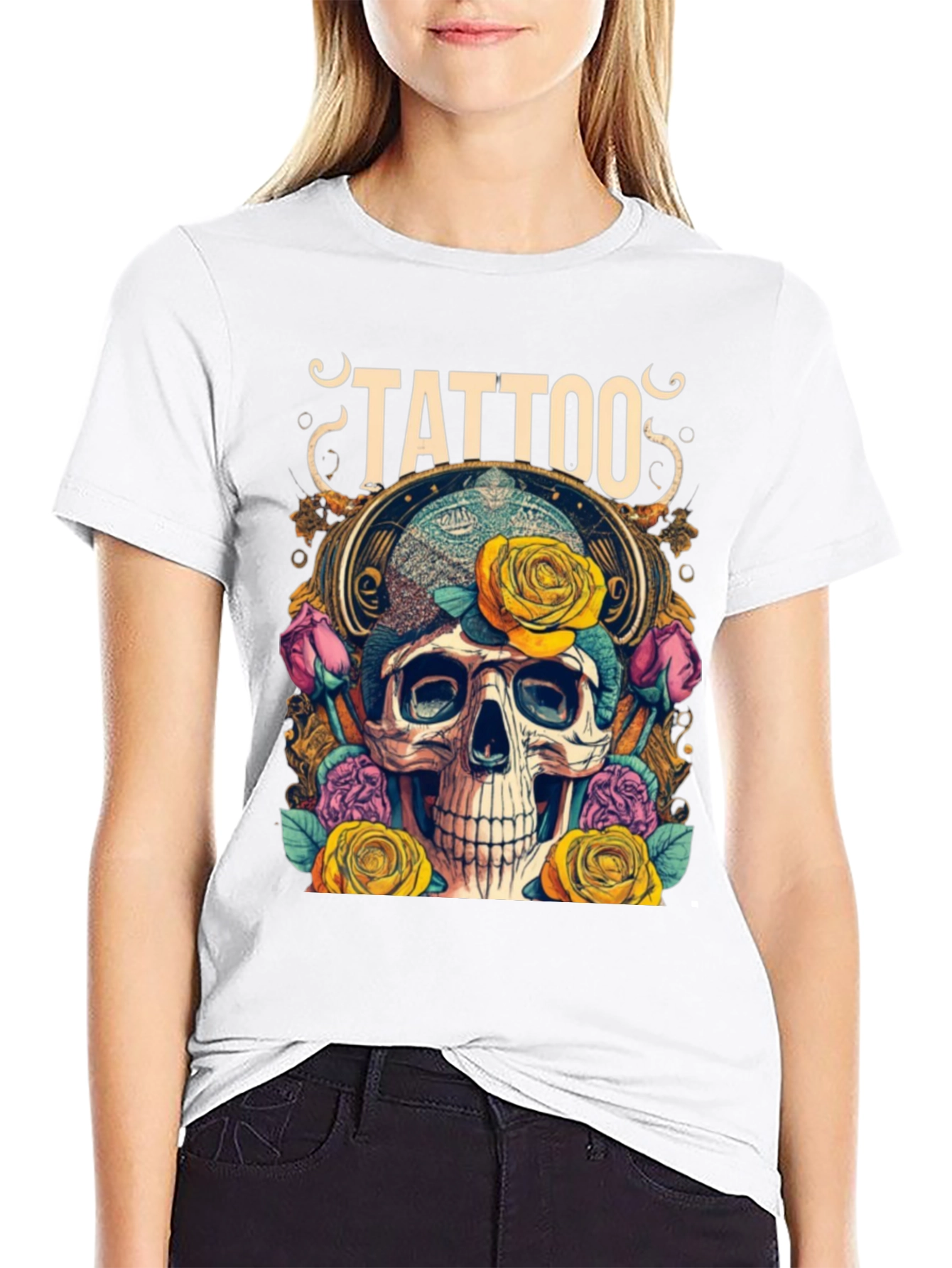Skull & Roses Tattoo Graphic Tee - Unique Design