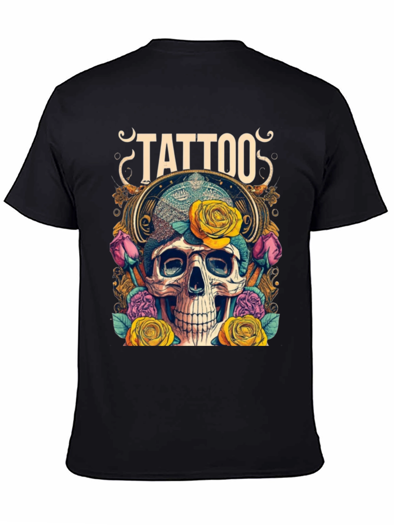 Skull & Roses Tattoo Graphic Tee - Unique Design