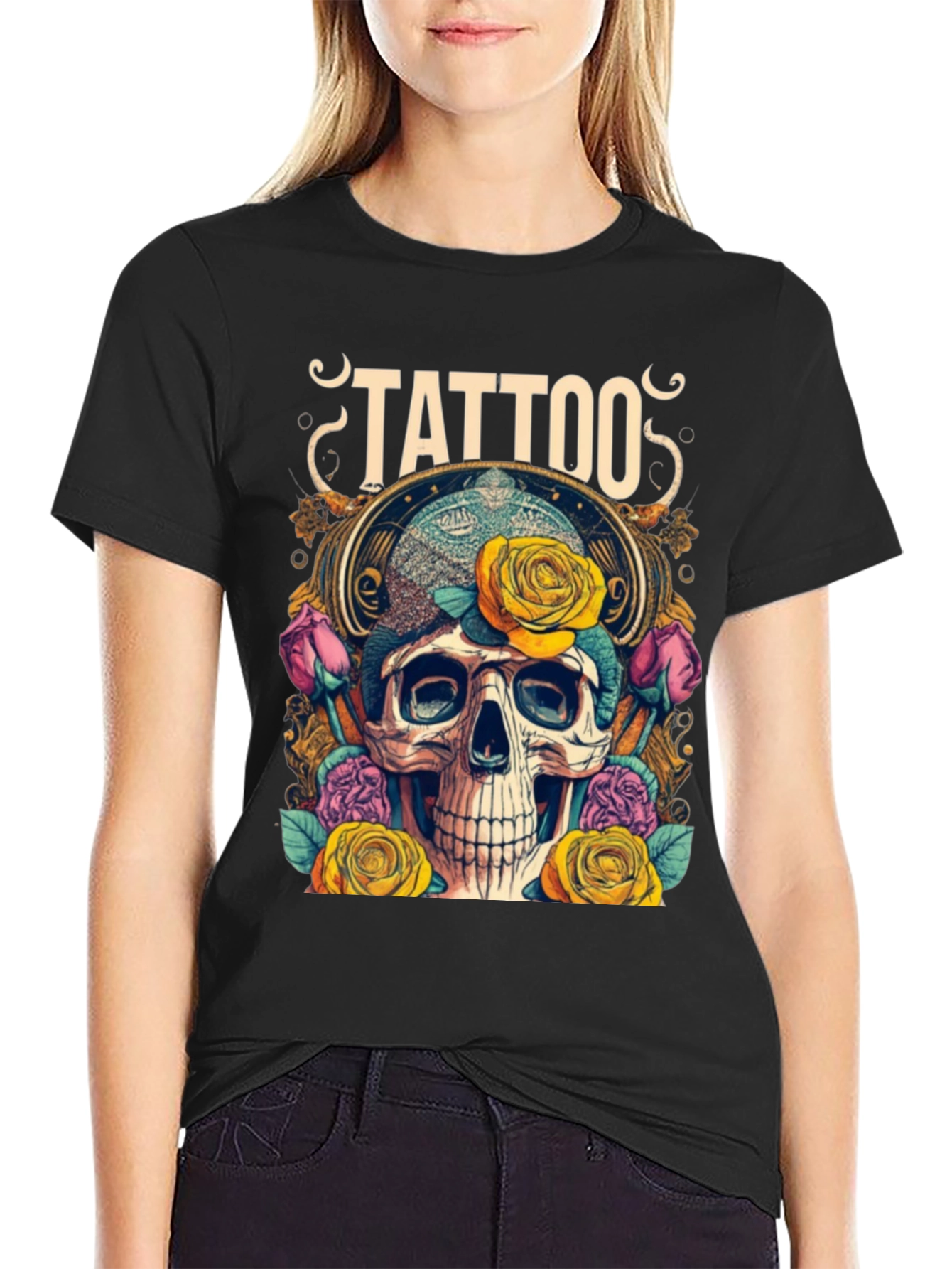 Skull & Roses Tattoo Graphic Tee - Unique Design